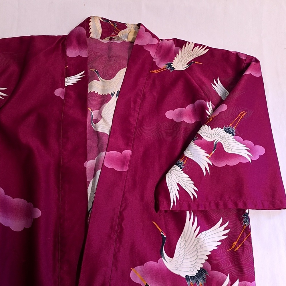 Maruky Kimono Robe Women One Size Magenta Crane Cloud Vintage Made in Japan